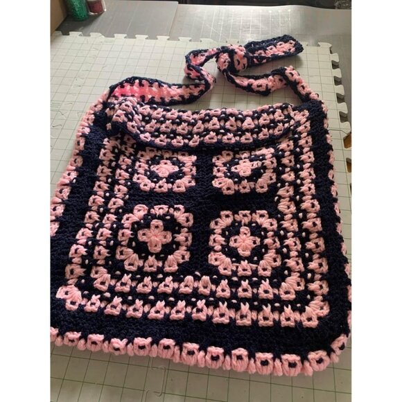 Handmade Pink & Navy Hand Crocheted Fabric Lined Handbag - Picture 9 of 14